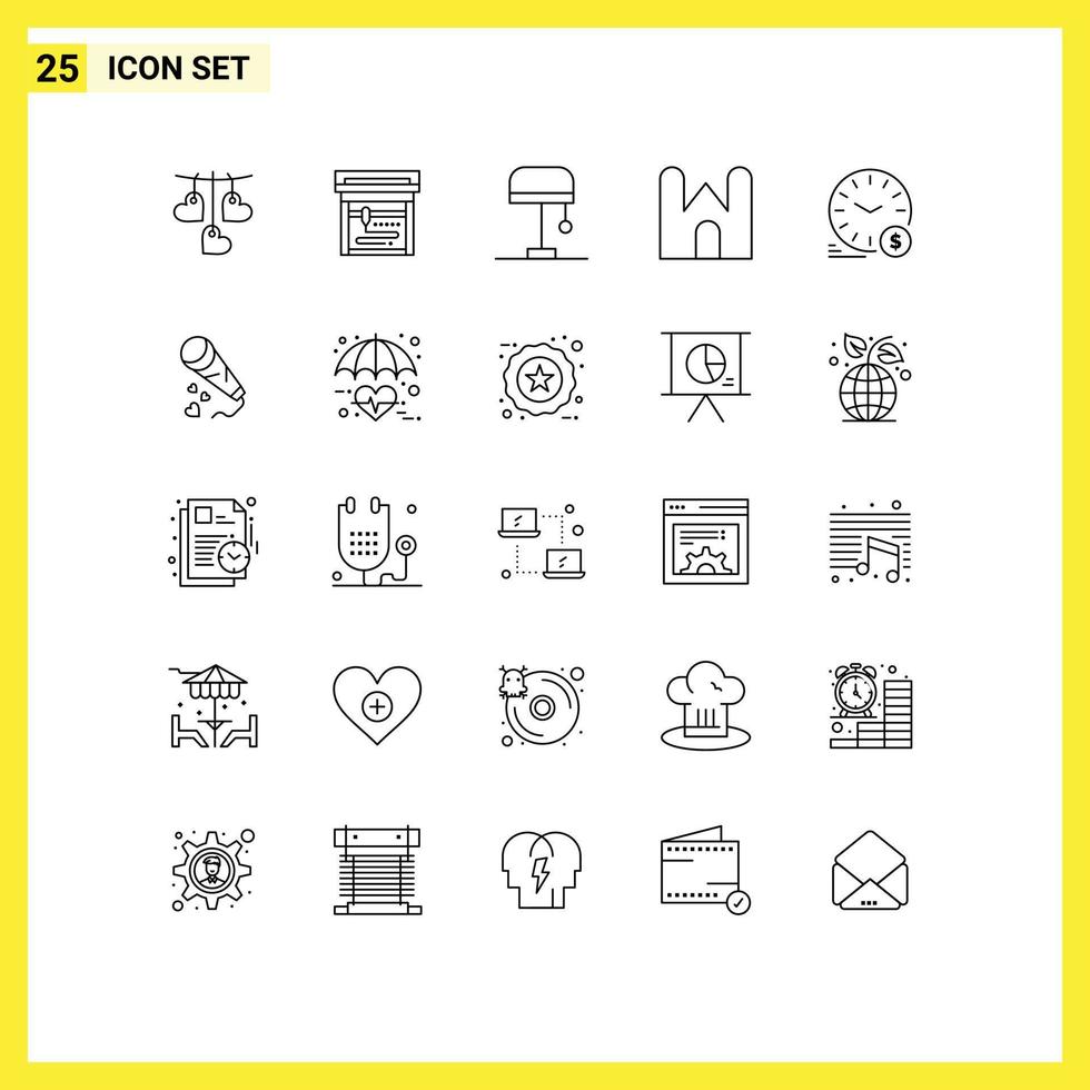 Editable Vector Line Pack of 25 Simple Lines of wallclock money light time fortress Editable Vector Design Elements