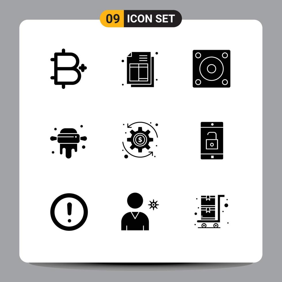 9 Universal Solid Glyphs Set for Web and Mobile Applications wealth coin devices rolling kitchen Editable Vector Design Elements