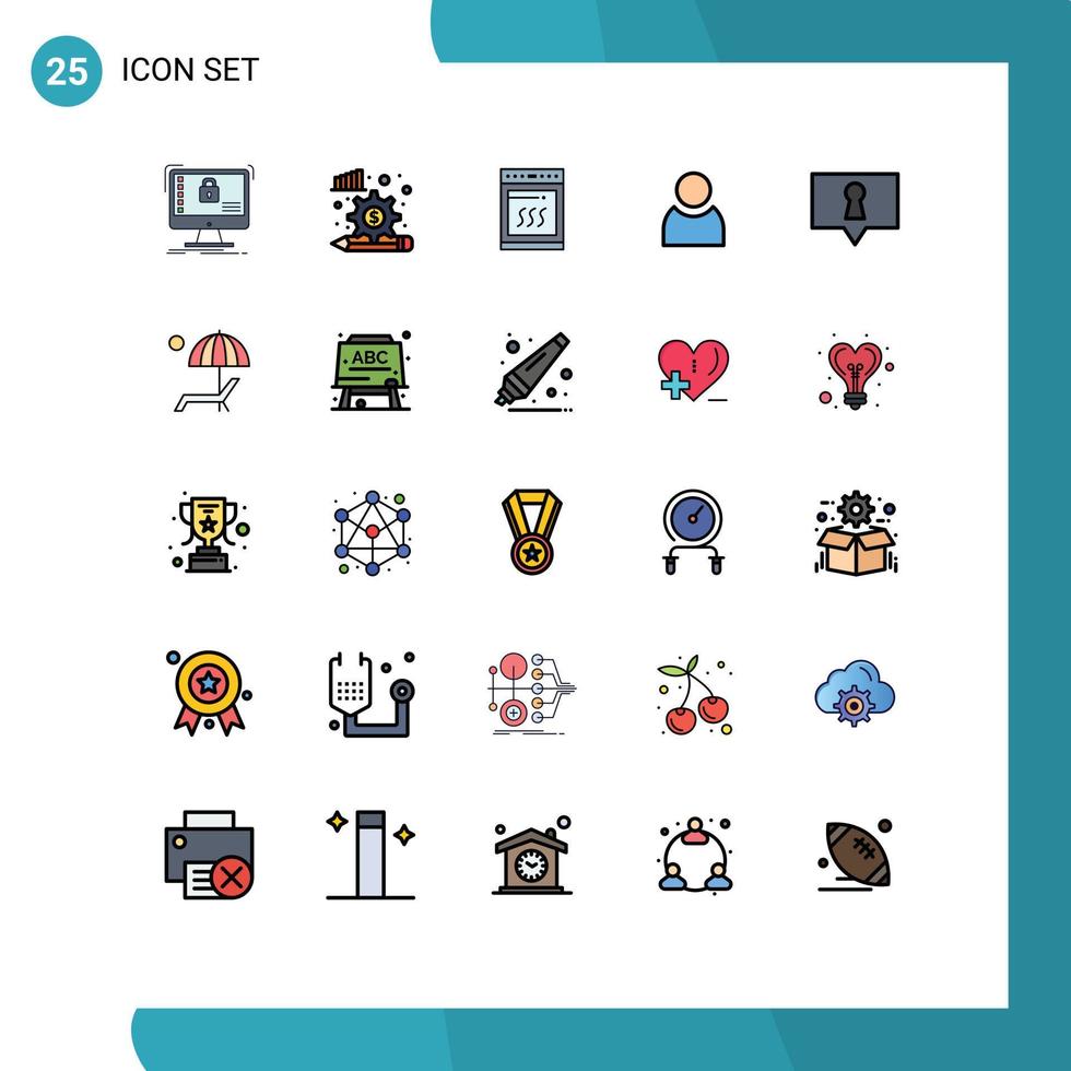 móvil interfaz lleno línea plano color conjunto de 25 pictogramas de privado básico engranaje usuario Cocinando editable vector diseño elementos