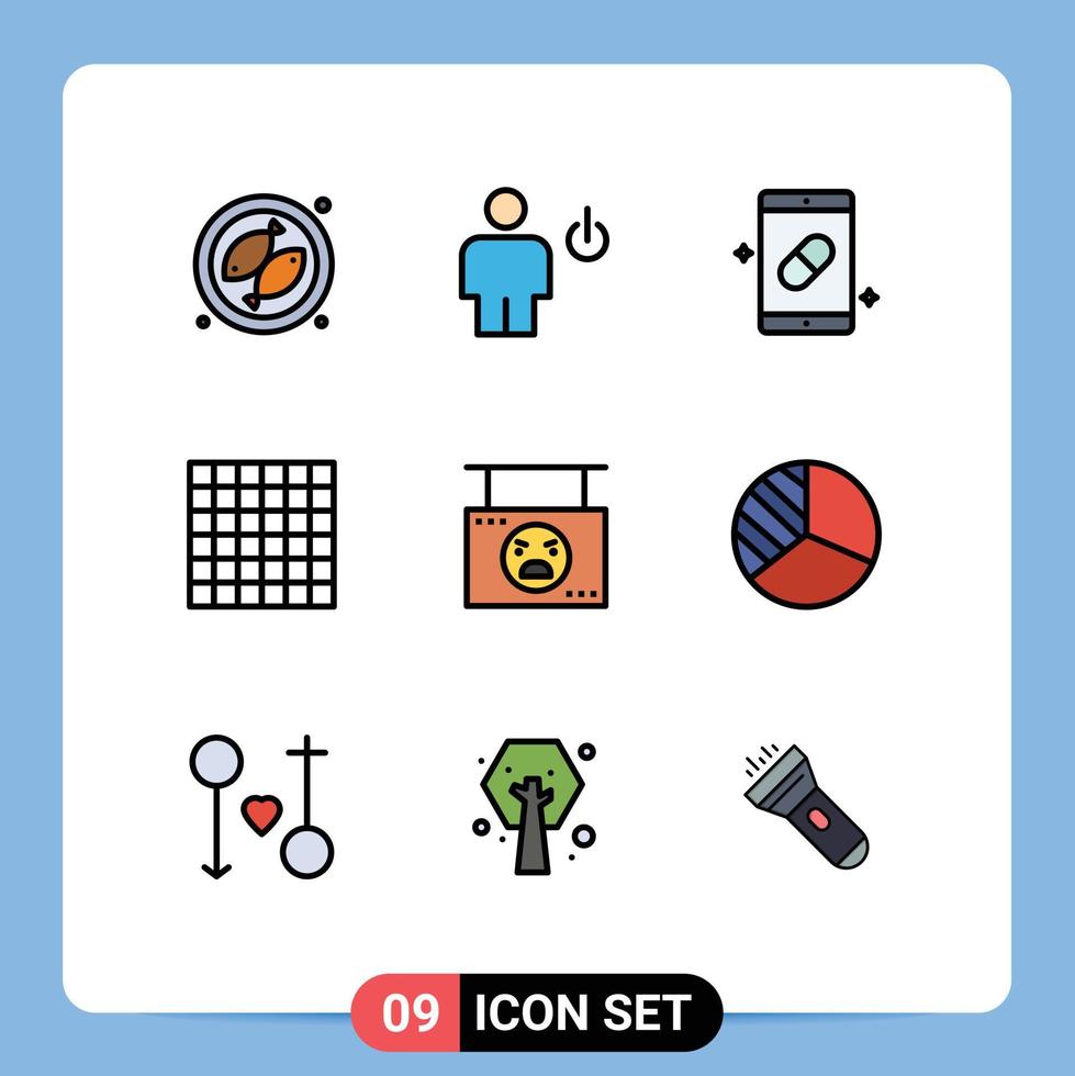 Group of 9 Modern Filledline Flat Colors Set for hanging board mobile layout pills Editable Vector Design Elements