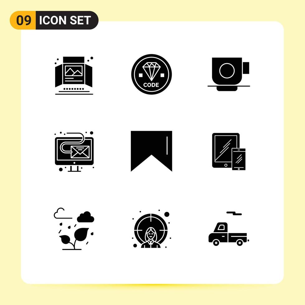 Pack of 9 creative Solid Glyphs of newsletter email development digital cup Editable Vector Design Elements