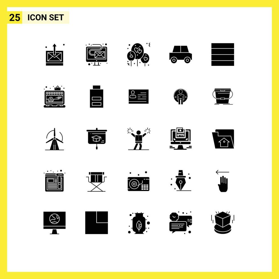 25 User Interface Solid Glyph Pack of modern Signs and Symbols of app grid balloon vehicles car Editable Vector Design Elements