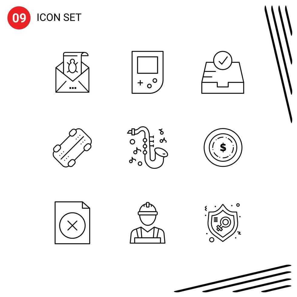9 User Interface Outline Pack of modern Signs and Symbols of instrument skateboard console skate inbox Editable Vector Design Elements