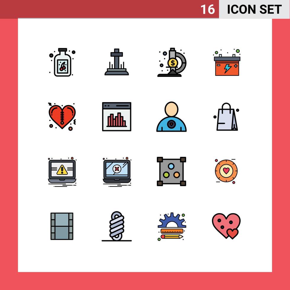 16 Universal Flat Color Filled Line Signs Symbols of coding zipper microscope valentines car Editable Creative Vector Design Elements