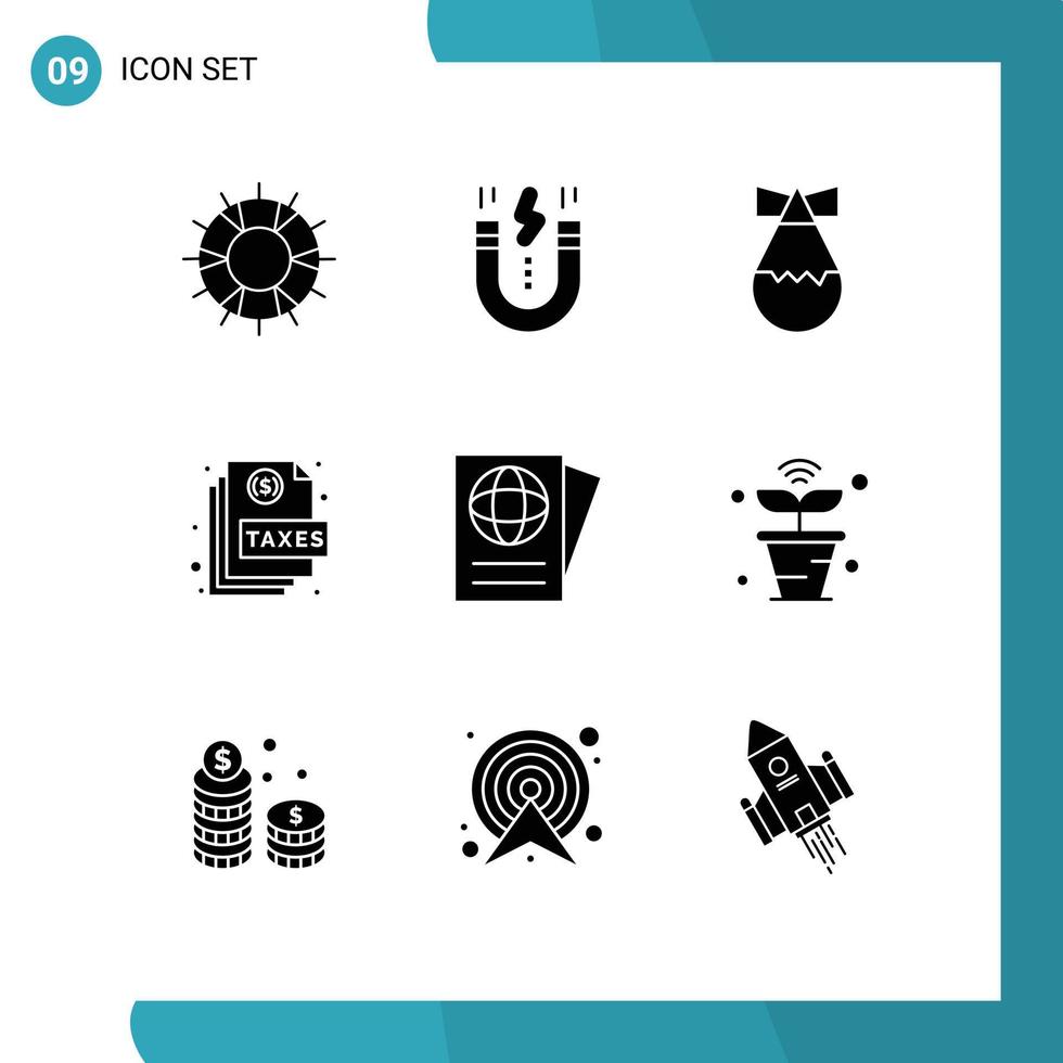 Group of 9 Solid Glyphs Signs and Symbols for sheet file magnet document weapon Editable Vector Design Elements