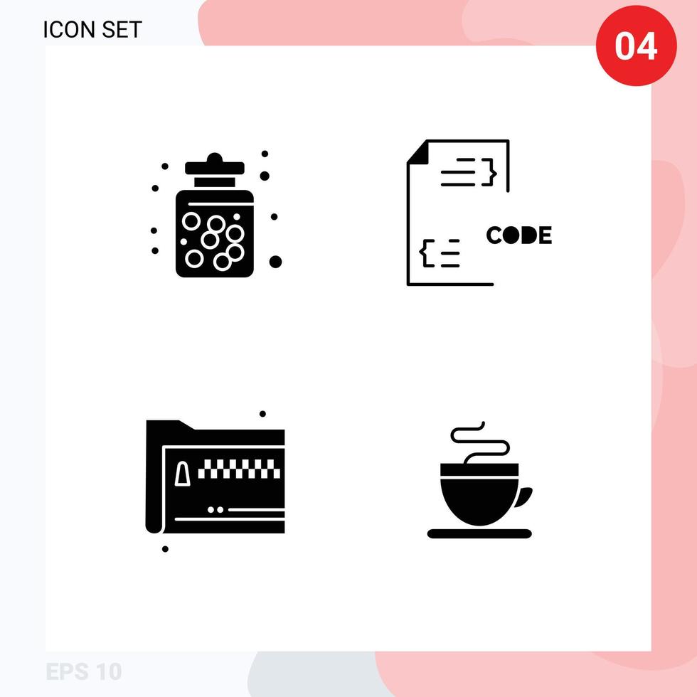 Modern Set of 4 Solid Glyphs and symbols such as candy document food coding share Editable Vector Design Elements