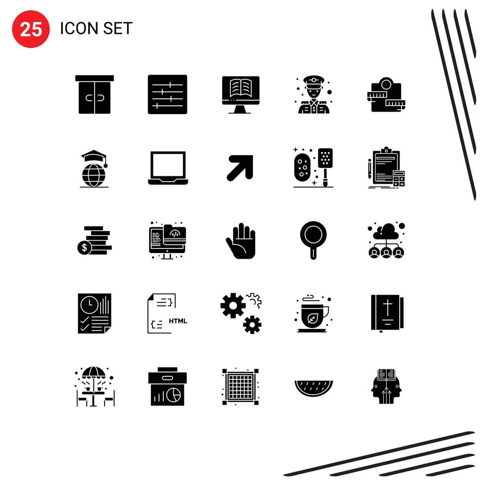 25 Thematic Vector Solid Glyphs and Editable Symbols of globe healthcare book machine police security Editable Vector Design Elements