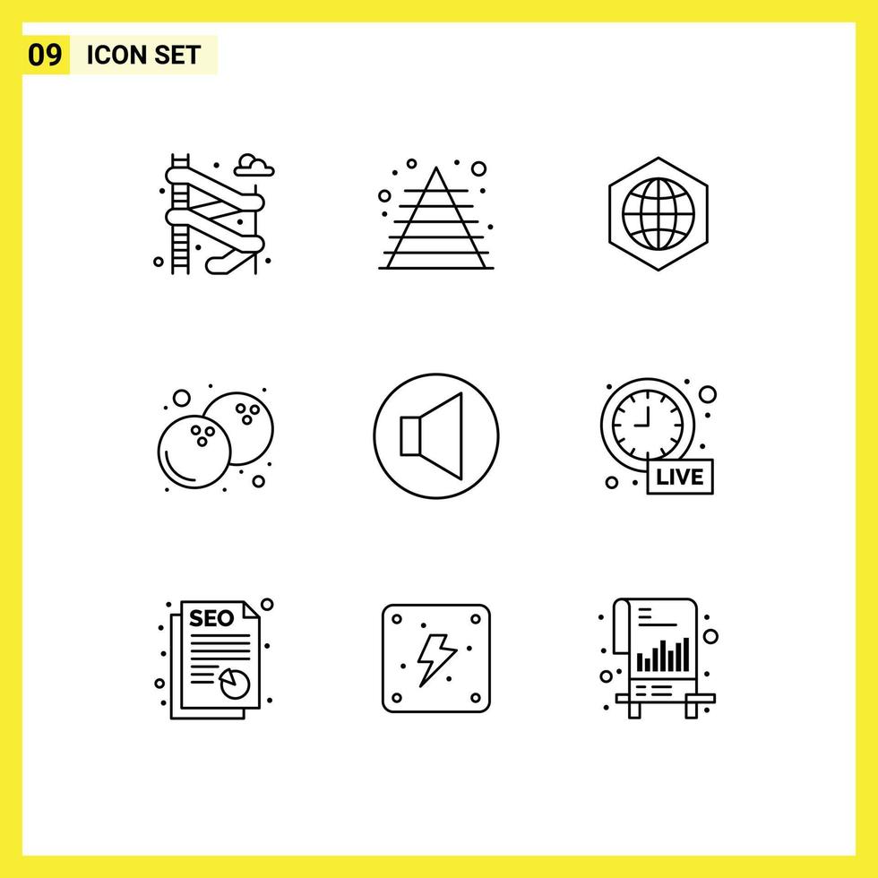 Mobile Interface Outline Set of 9 Pictograms of alarm speaker global sound food Editable Vector Design Elements