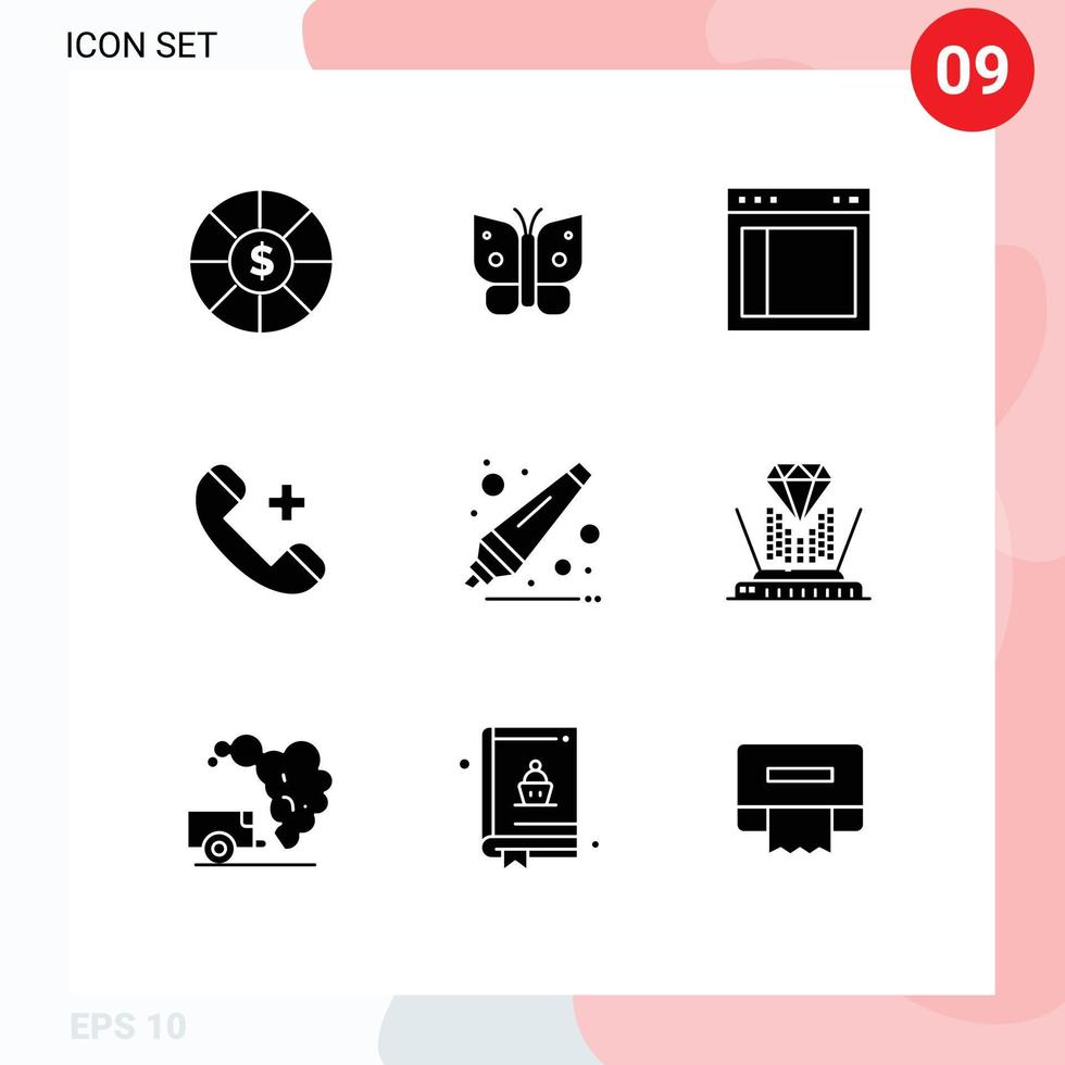 Universal Icon Symbols Group of 9 Modern Solid Glyphs of back to school phone interface hospital call Editable Vector Design Elements