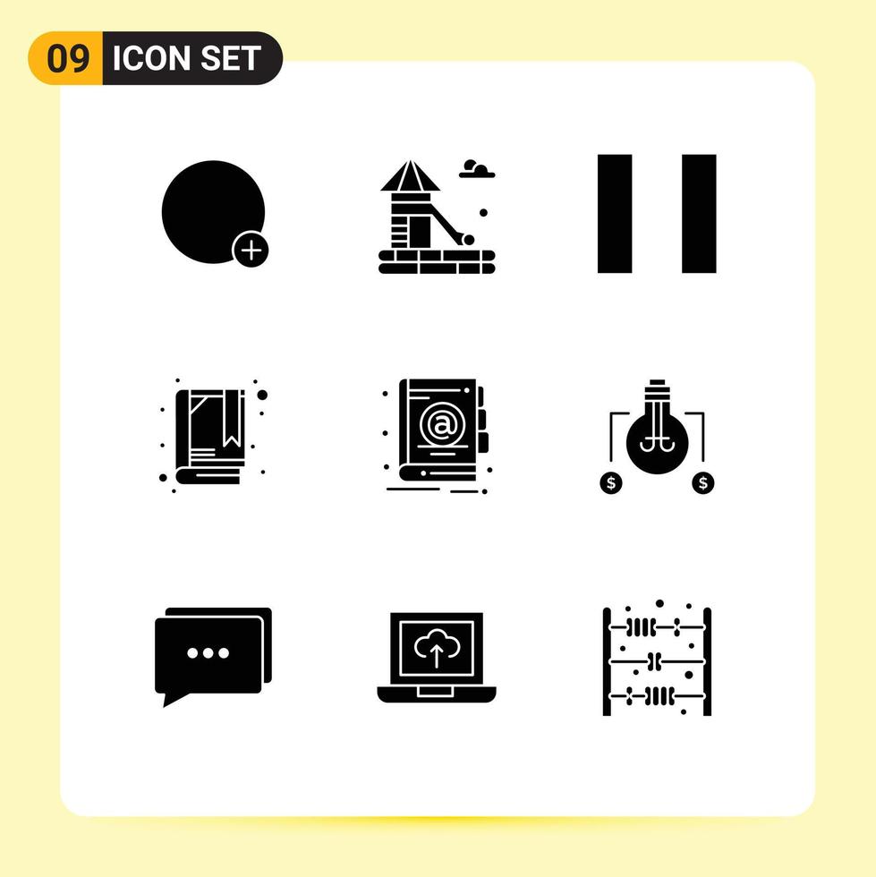 Mobile Interface Solid Glyph Set of 9 Pictograms of dollar idea book bulb book Editable Vector Design Elements