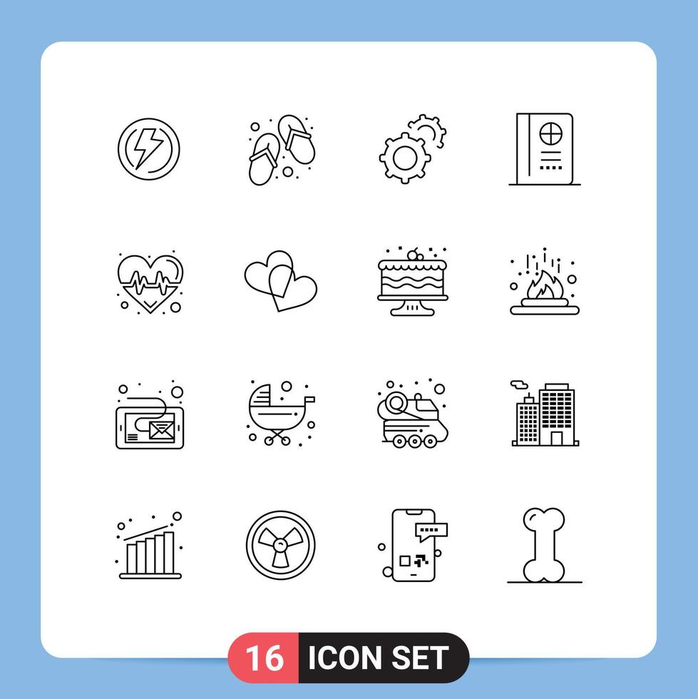 Universal Icon Symbols Group of 16 Modern Outlines of heart pulse spa vacation passport Editable Vector Design Elements
