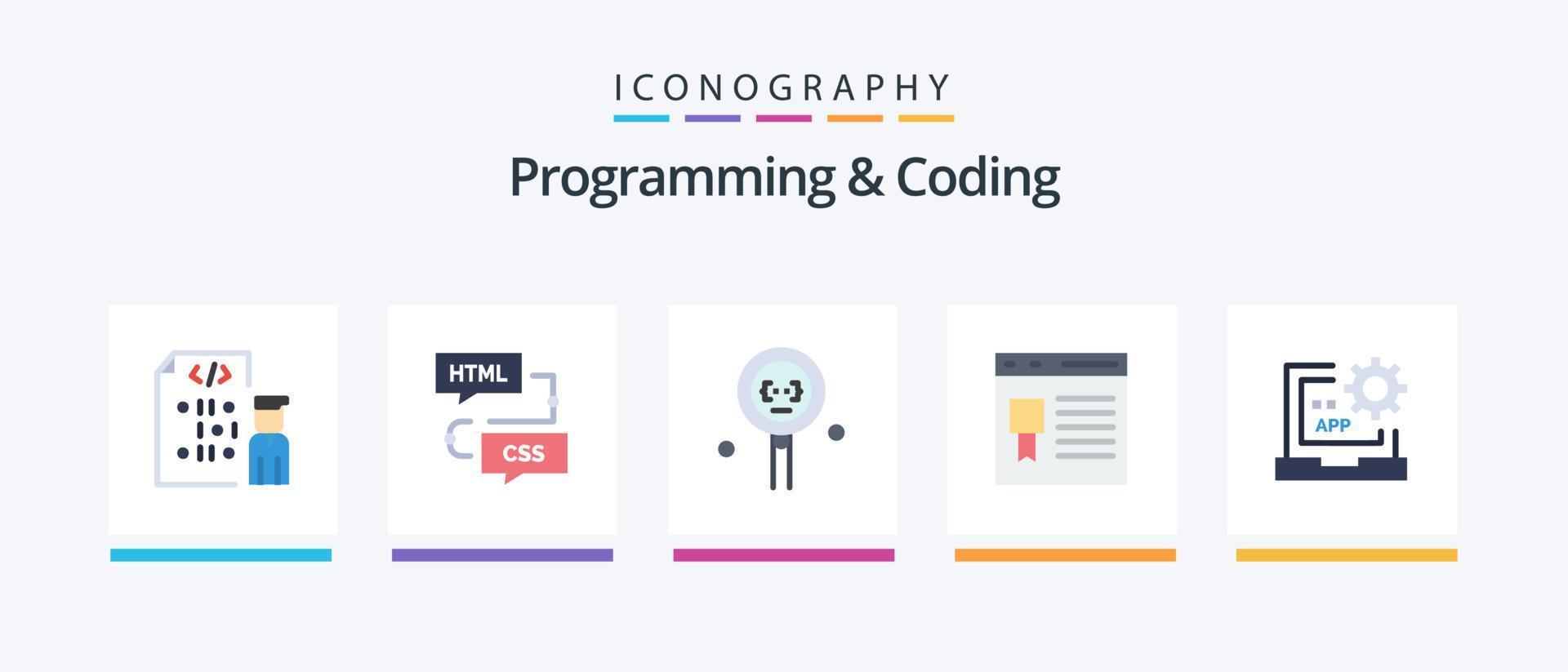 Programming And Coding Flat 5 Icon Pack Including development. browser. flowchart. search. development. Creative Icons Design vector