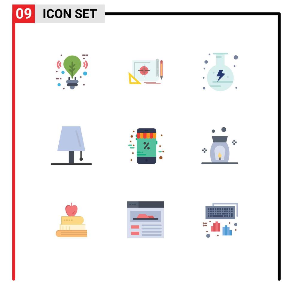 Mobile Interface Flat Color Set of 9 Pictograms of lightning lamp target interior flask Editable Vector Design Elements