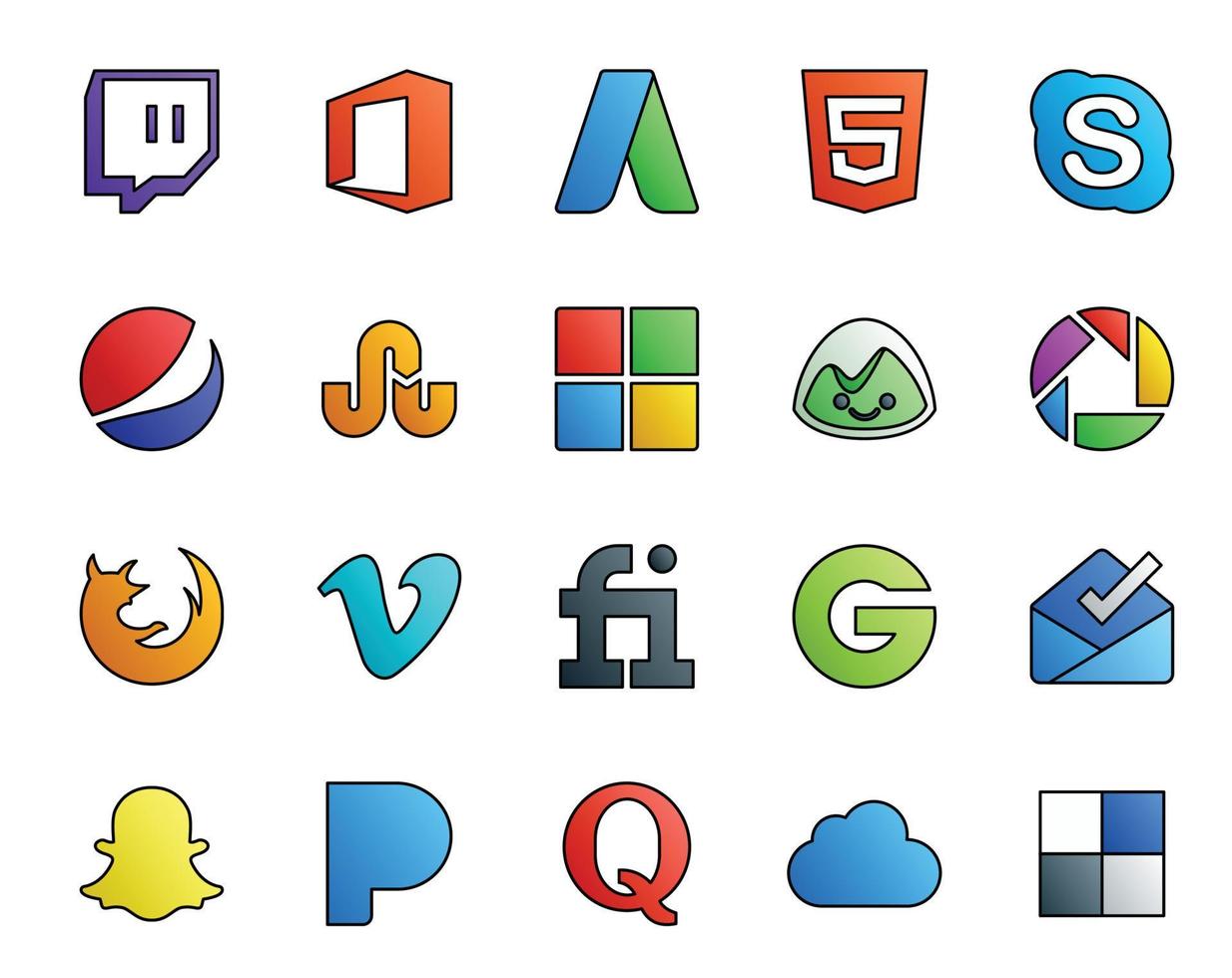 20 social medios de comunicación icono paquete incluso bandeja de entrada cinco microsoft vídeo navegador vector