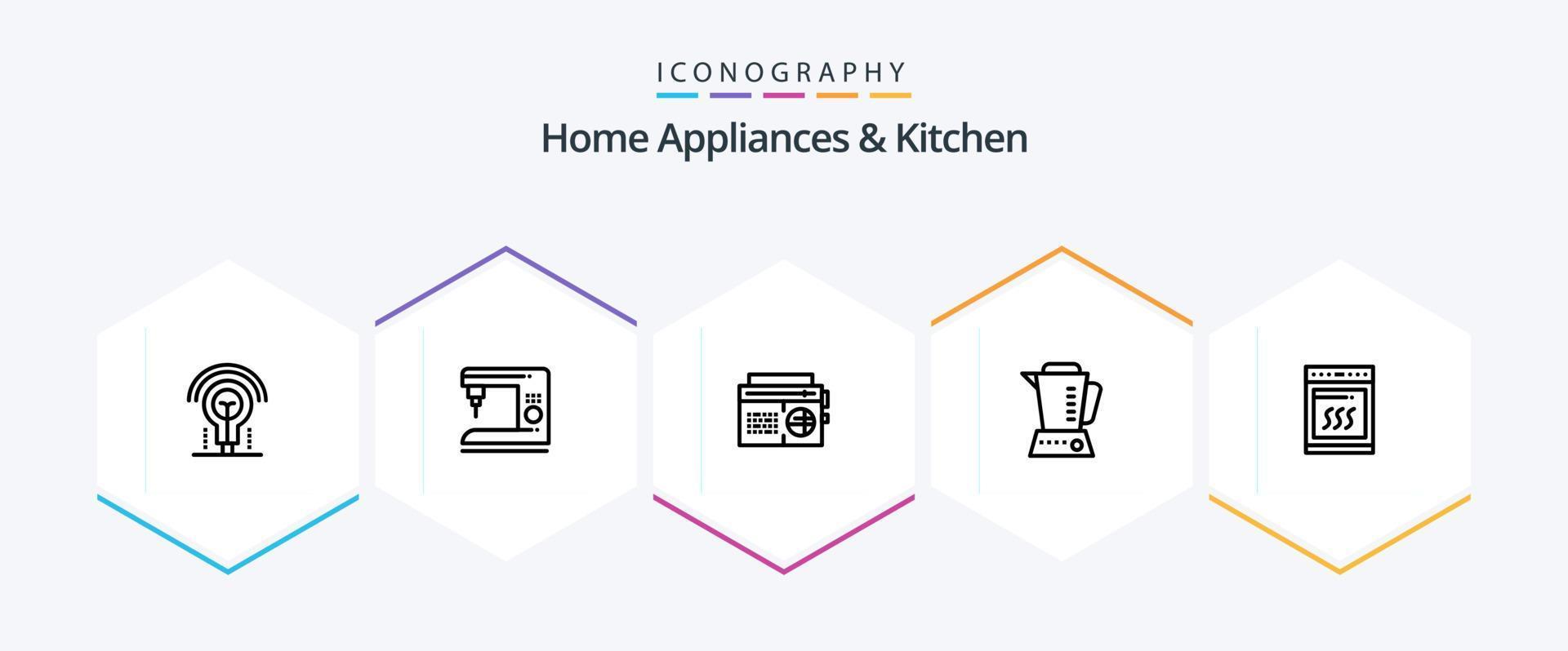 Home Appliances And Kitchen 25 Line icon pack including kitchen. media. home. audio. radio vector