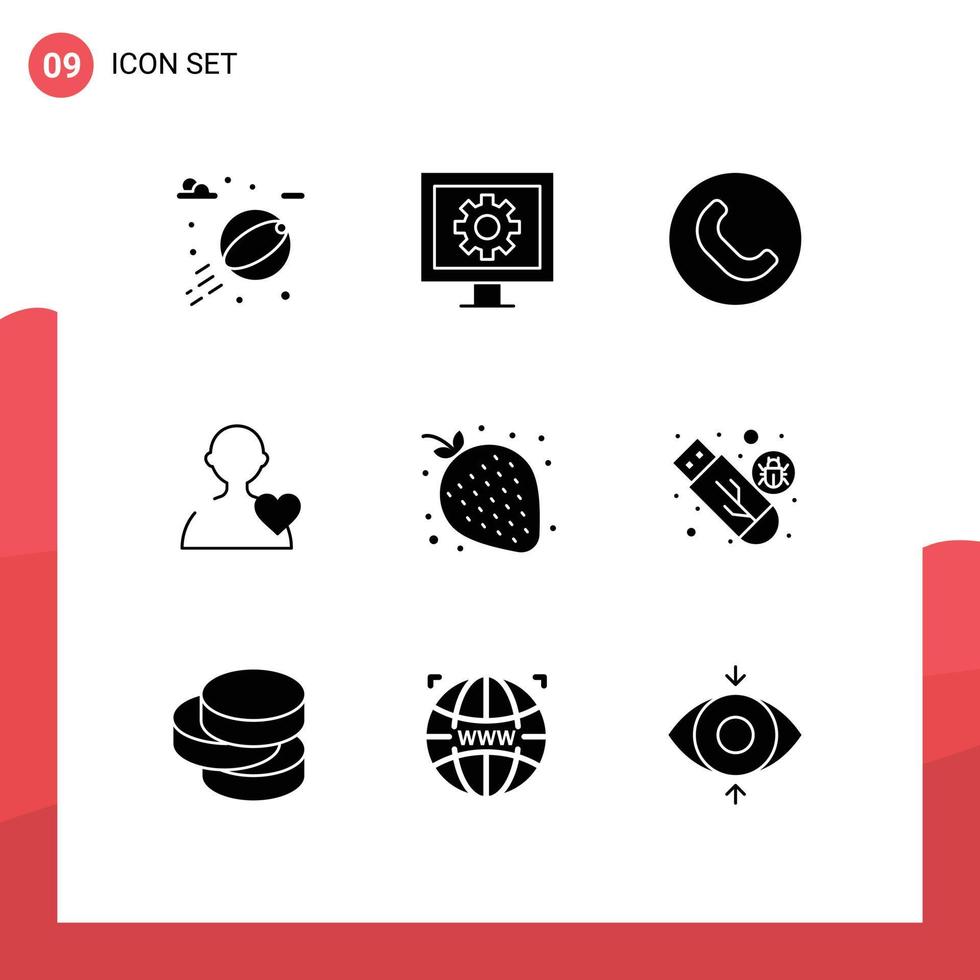 Modern Set of 9 Solid Glyphs Pictograph of drive sweet handset strawberry heart Editable Vector Design Elements