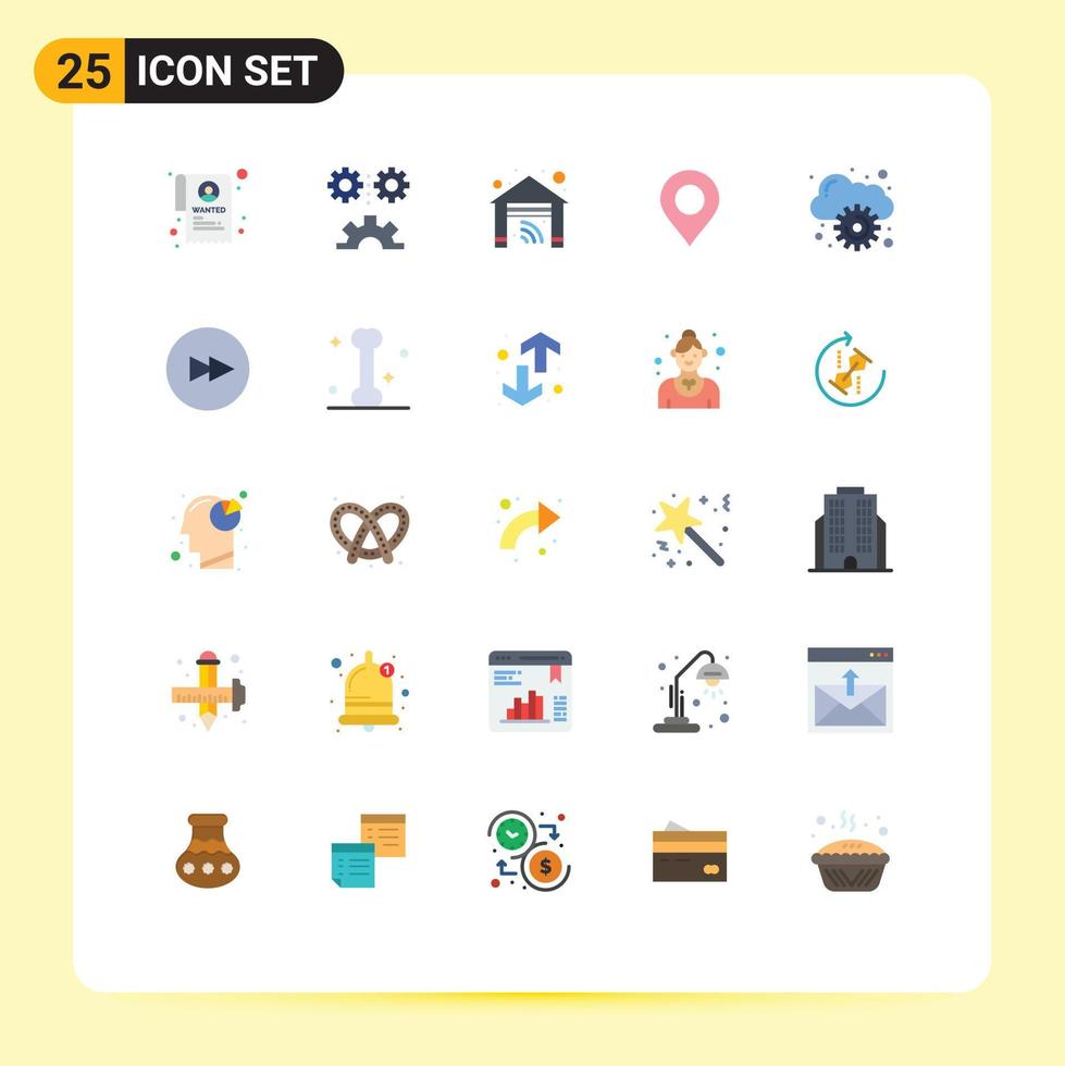 Pack of 25 Modern Flat Colors Signs and Symbols for Web Print Media such as management cloud garage pin location Editable Vector Design Elements