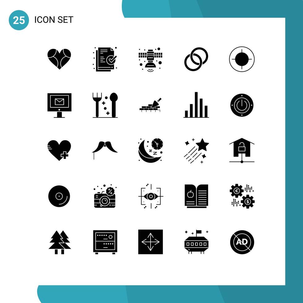 Pack of 25 Modern Solid Glyphs Signs and Symbols for Web Print Media such as crosshair couple communication wedding transmission Editable Vector Design Elements