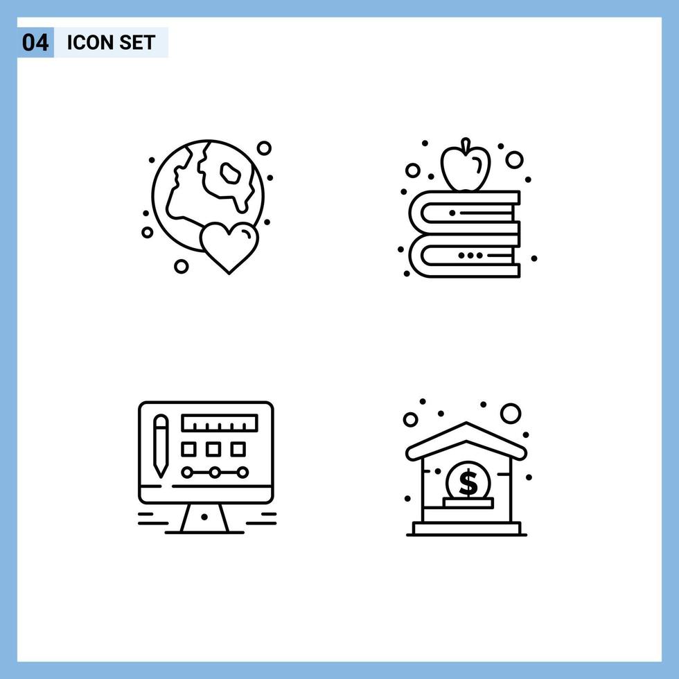 4 Thematic Vector Filledline Flat Colors and Editable Symbols of earth screen love books bank Editable Vector Design Elements