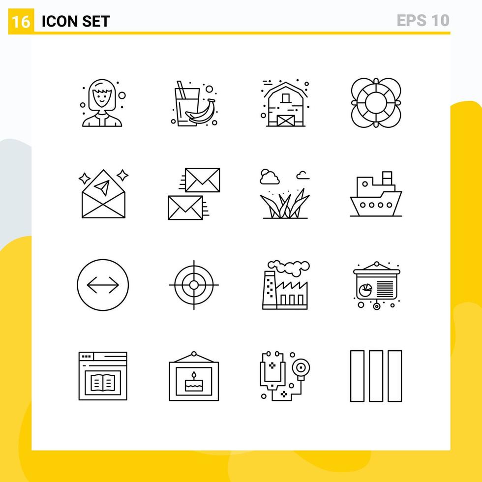 Pack of 16 Modern Outlines Signs and Symbols for Web Print Media such as arrow outline barn lifeguard essentials Editable Vector Design Elements