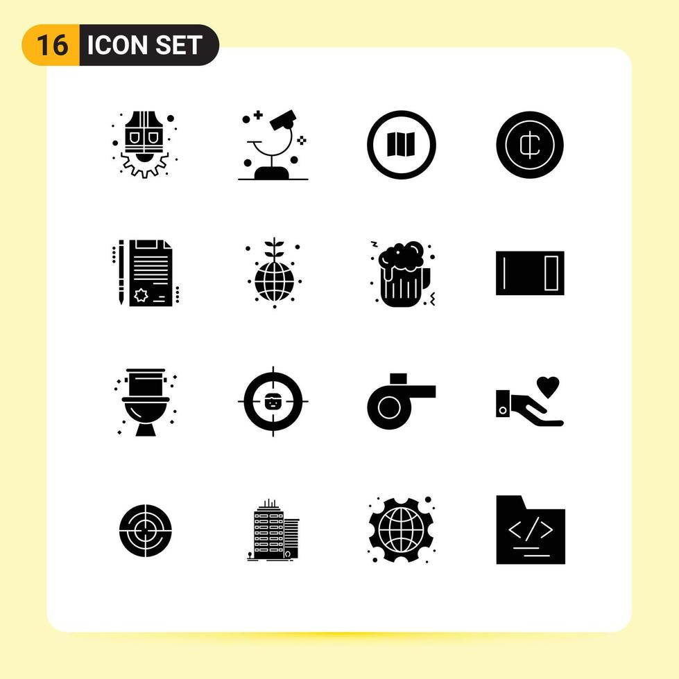 Pack of 16 creative Solid Glyphs of money coin science cash mapquest Editable Vector Design Elements