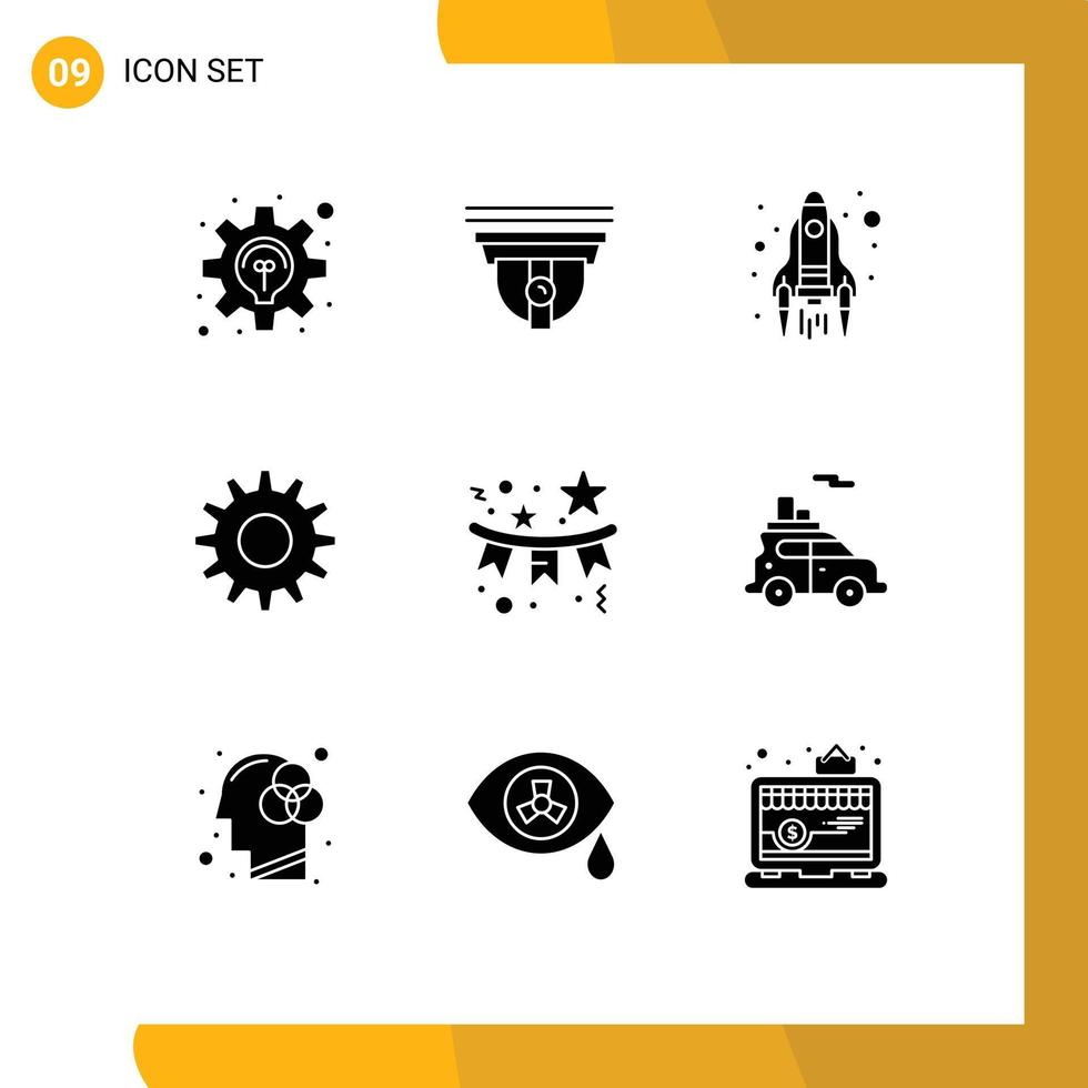 Mobile Interface Solid Glyph Set of 9 Pictograms of celebration confetti rocket setting cogs Editable Vector Design Elements