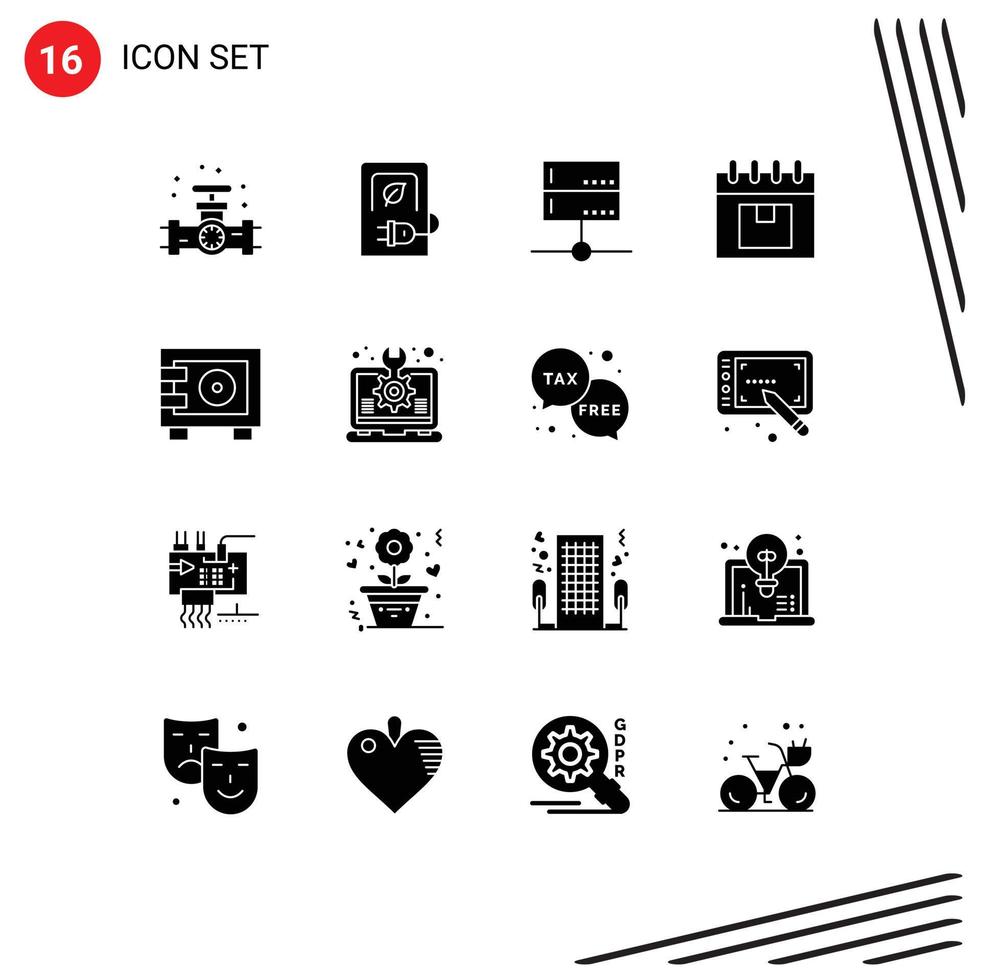 Group of 16 Solid Glyphs Signs and Symbols for planning delivery vehicle calendar server Editable Vector Design Elements