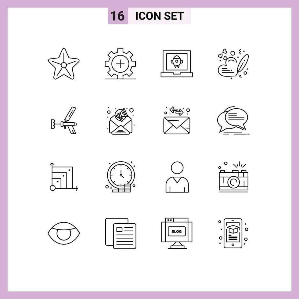 Universal Icon Symbols Group of 16 Modern Outlines of foamgun pen medical love rocket Editable Vector Design Elements