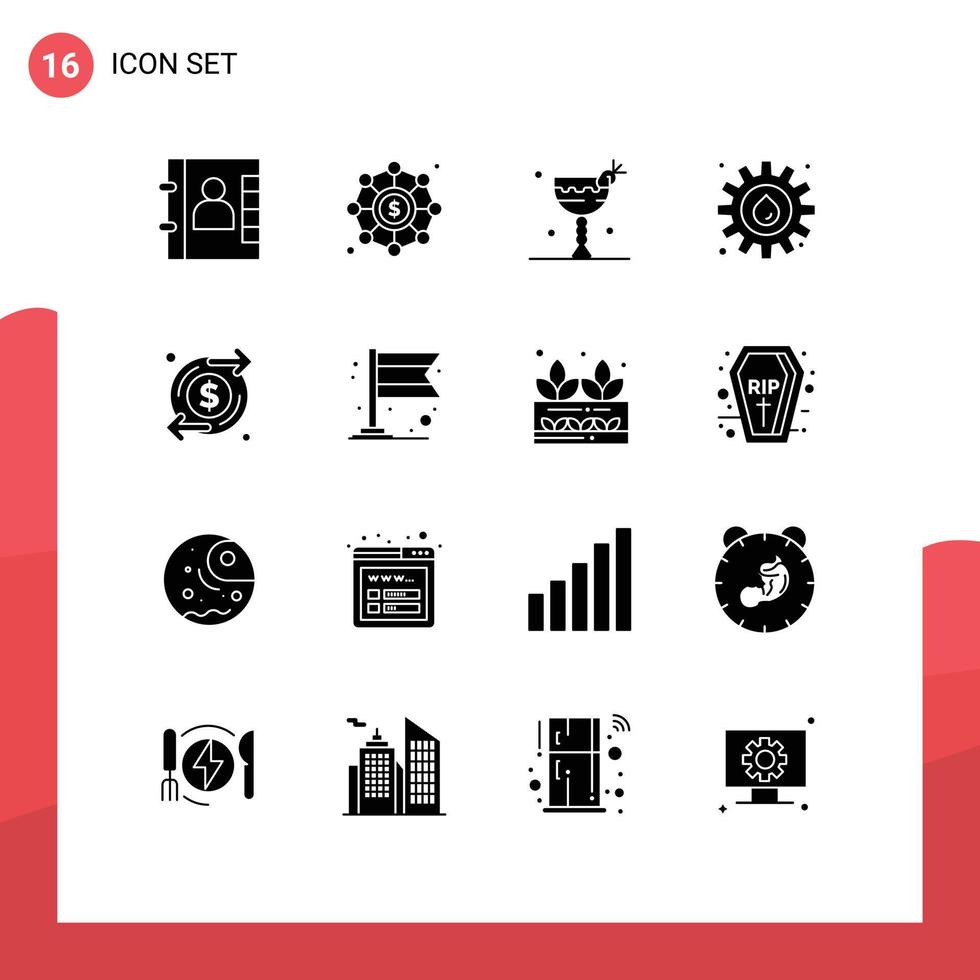 Pack of 16 Modern Solid Glyphs Signs and Symbols for Web Print Media such as investment growth drink oil gear Editable Vector Design Elements