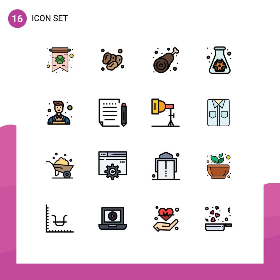 16 Universal Flat Color Filled Line Signs Symbols of decorator pollution drumstick hazard meat Editable Creative Vector Design Elements