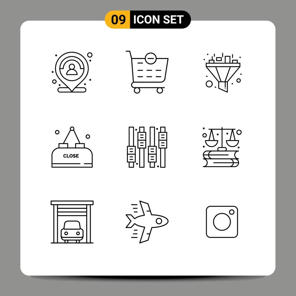 Modern Set of 9 Outlines Pictograph of equalizer control filter close food Editable Vector Design Elements