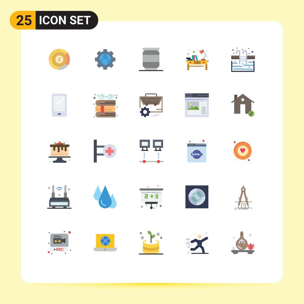 Pictogram Set of 25 Simple Flat Colors of water pool can workplace table Editable Vector Design Elements