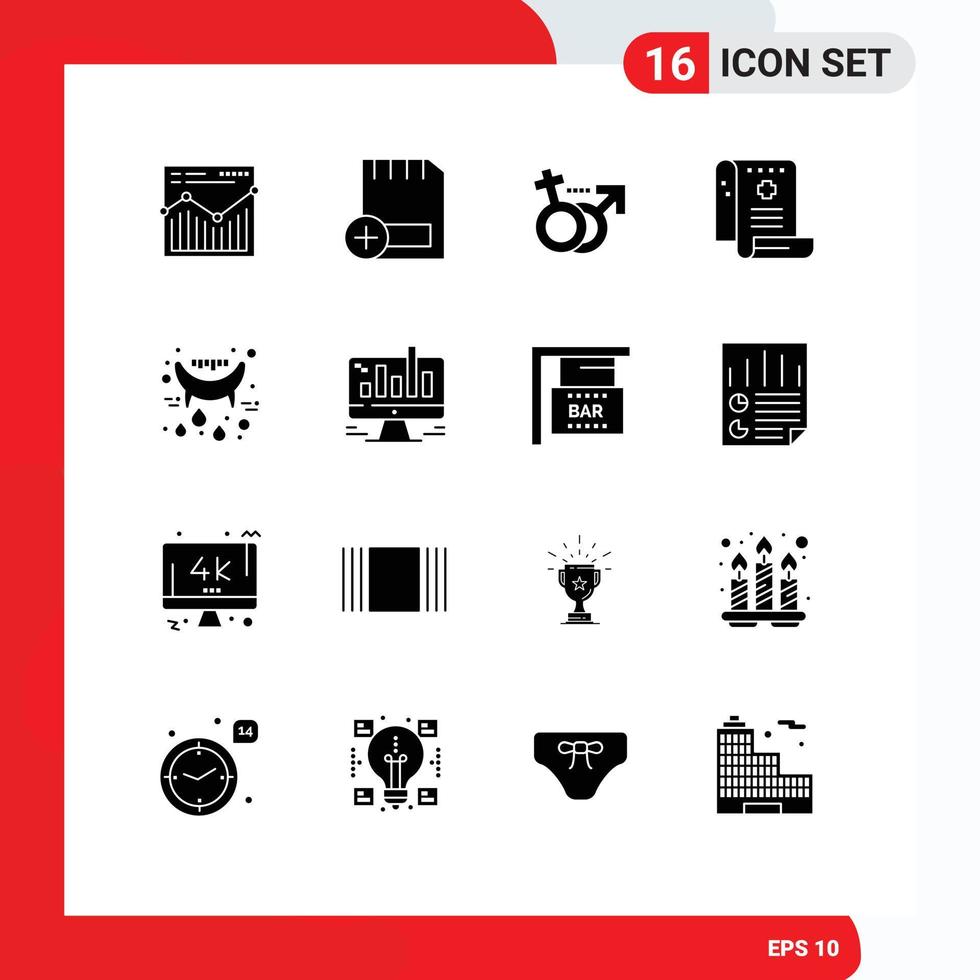 Group of 16 Modern Solid Glyphs Set for report medical hardware history symbol Editable Vector Design Elements