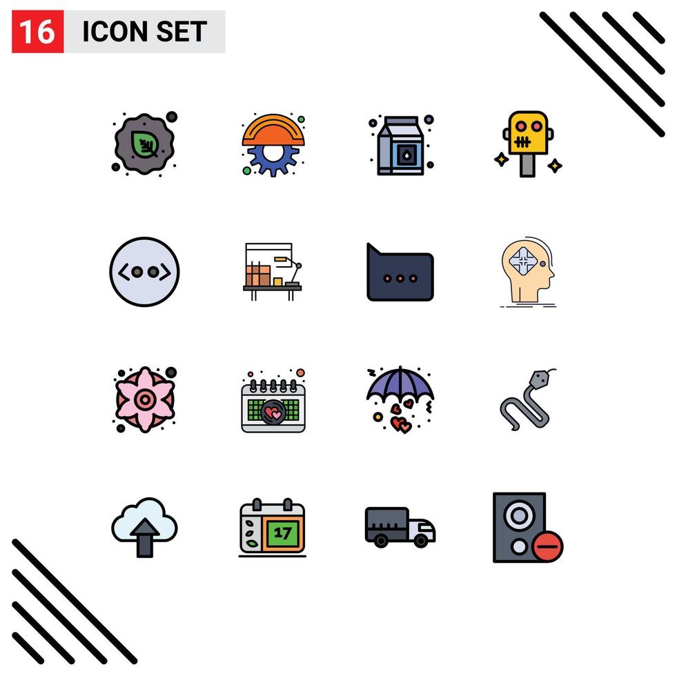 16 Universal Flat Color Filled Lines Set for Web and Mobile Applications html brackets gear robot space Editable Creative Vector Design Elements