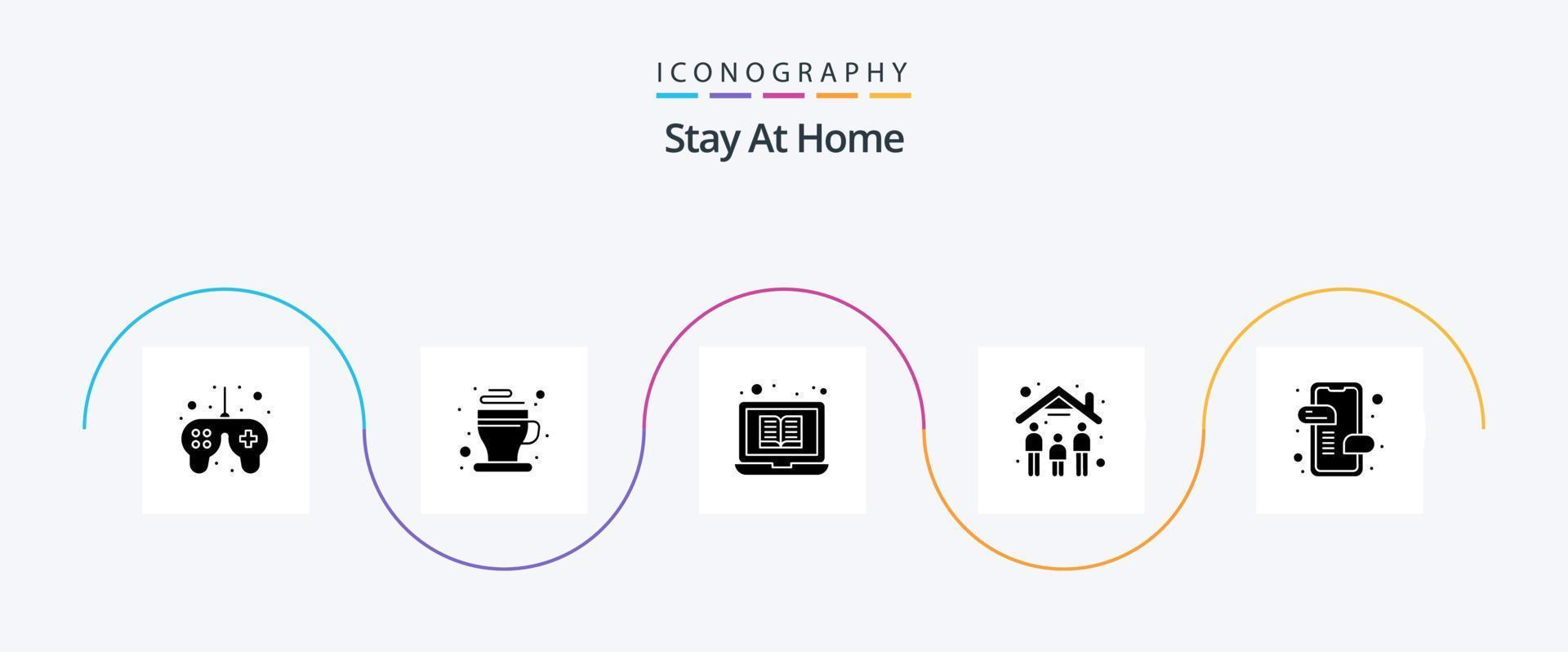 Stay At Home Glyph 5 Icon Pack Including messages. quarantine. of. people. tutorials vector