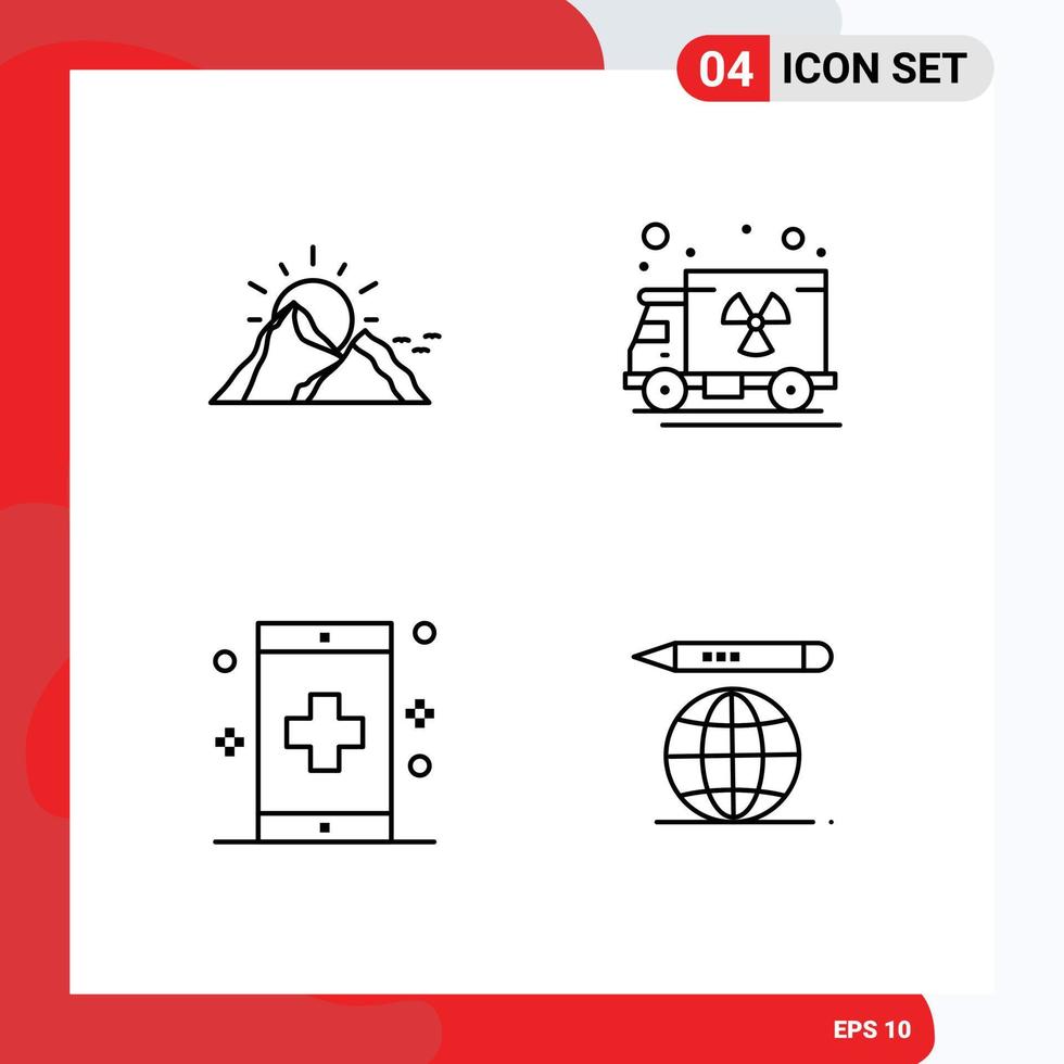 Mobile Interface Line Set of 4 Pictograms of hill disease mountain pollution form Editable Vector Design Elements