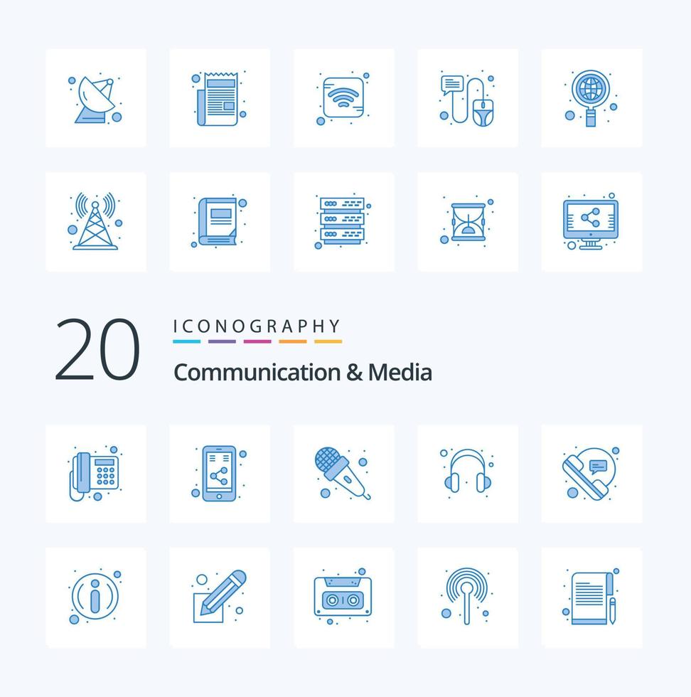 20 Communication And Media Blue Color icon Pack like communications bubble mic support headset vector
