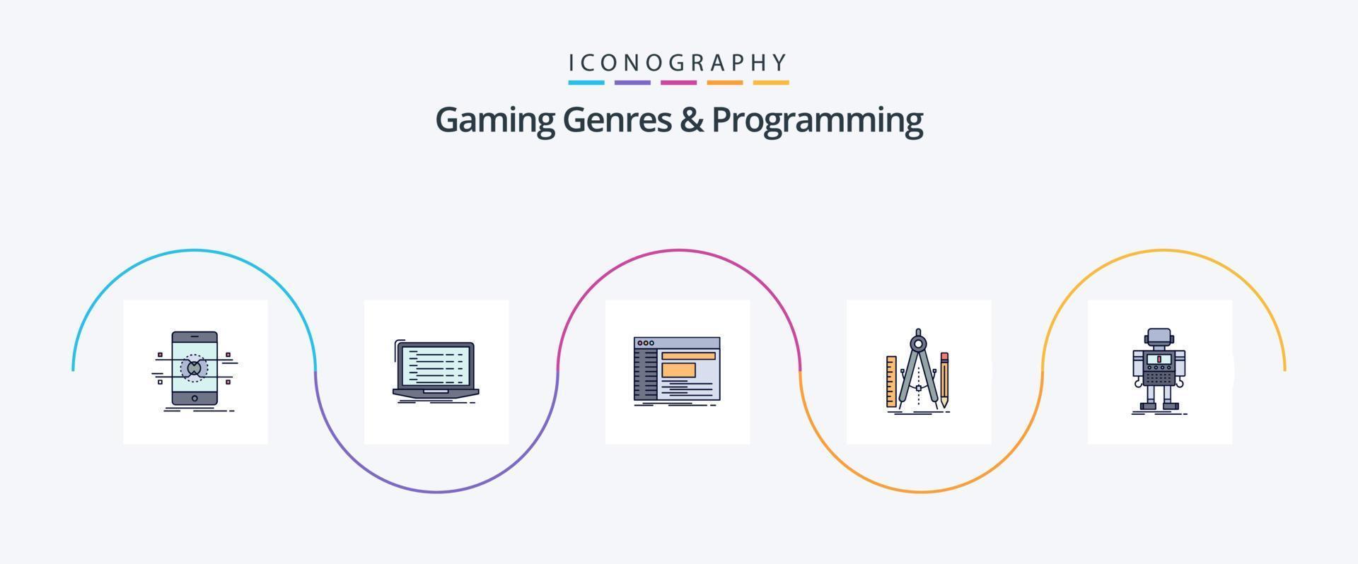 Gaming Genres And Programming Line Filled Flat 5 Icon Pack Including design. developer. software. panel vector