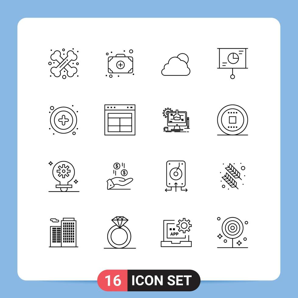 Modern Set of 16 Outlines Pictograph of plus teamwork sky strategy business Editable Vector Design Elements