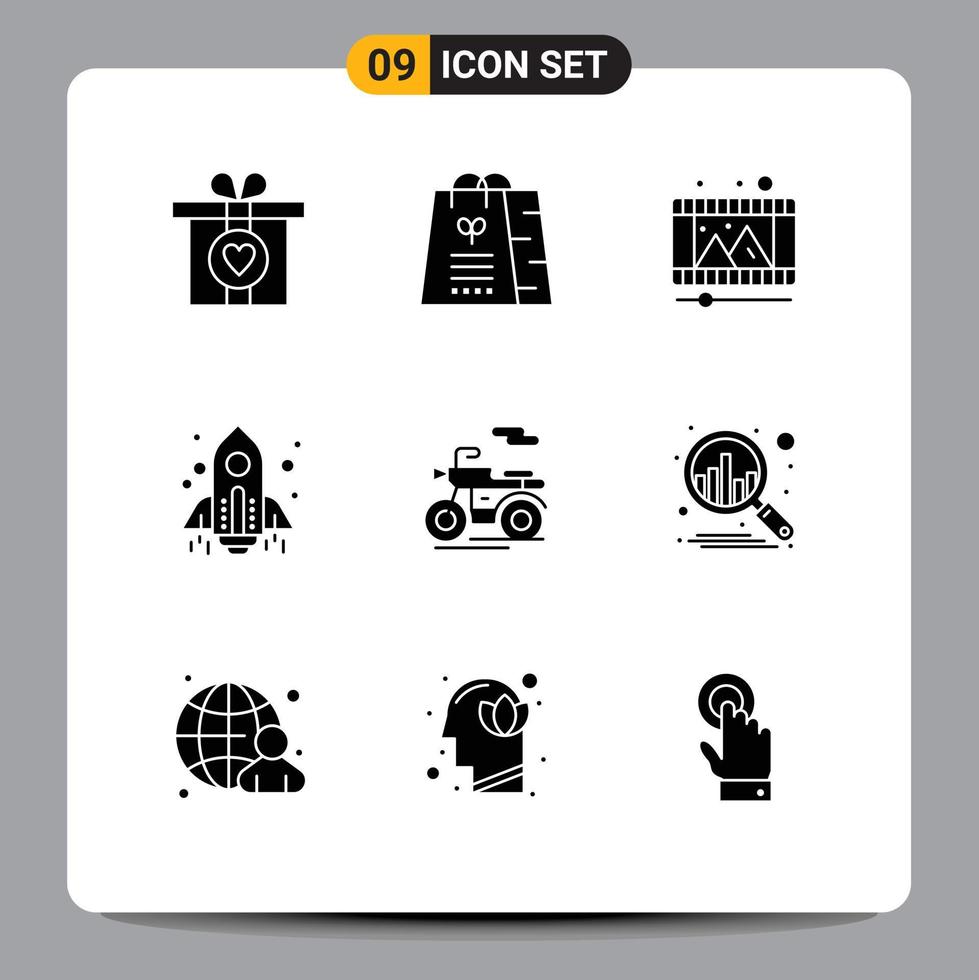 9 Universal Solid Glyph Signs Symbols of transport motor play store launch spaceship Editable Vector Design Elements