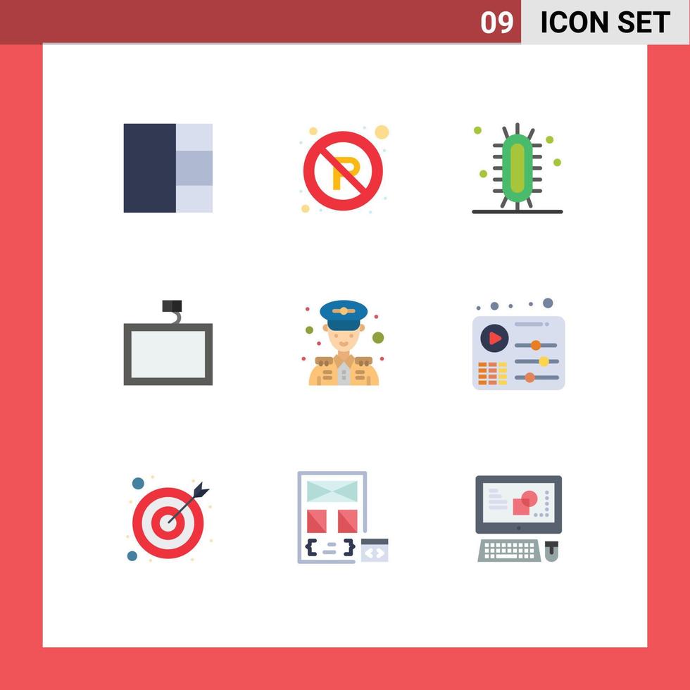 Mobile Interface Flat Color Set of 9 Pictograms of audio man learn police tv Editable Vector Design Elements