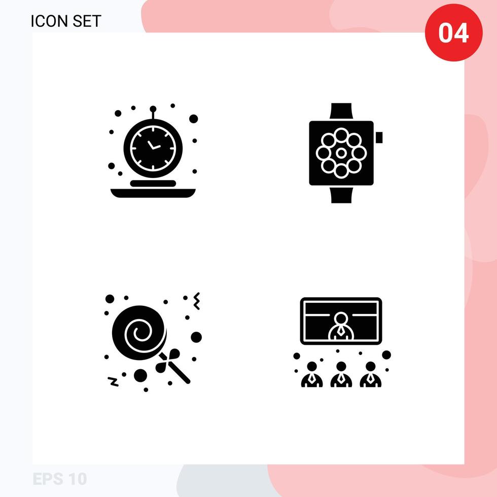 Modern Set of 4 Solid Glyphs Pictograph of alarm candies retro devices sweets Editable Vector Design Elements