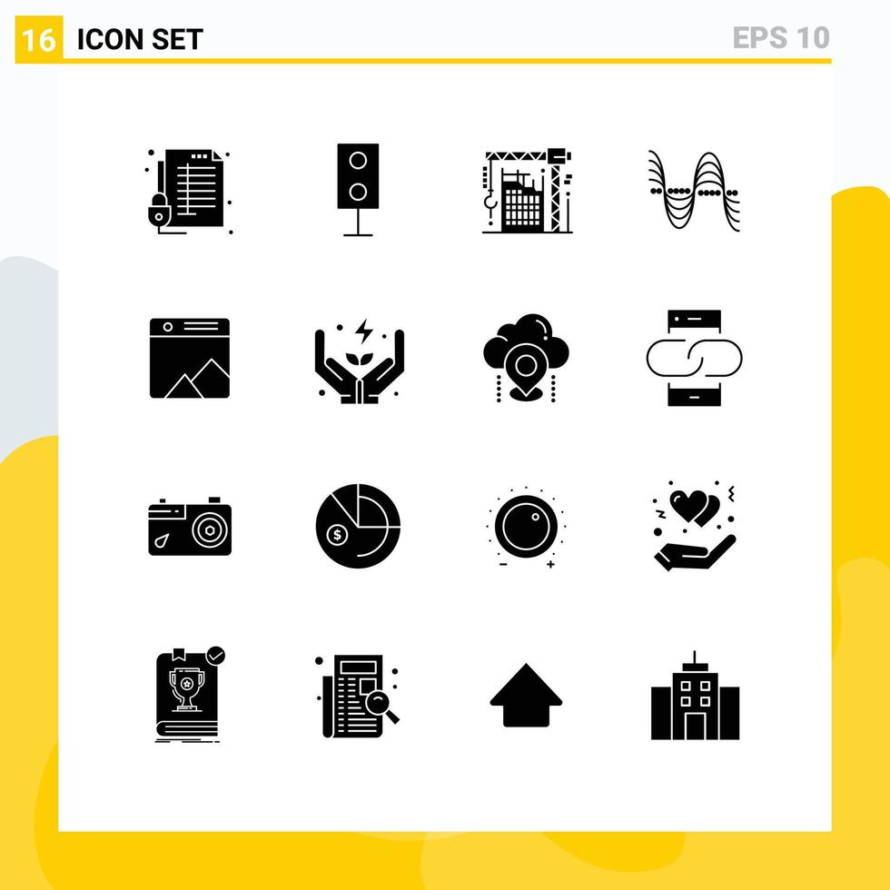 16 Thematic Vector Solid Glyphs and Editable Symbols of pitch frequency speaker machine hook Editable Vector Design Elements