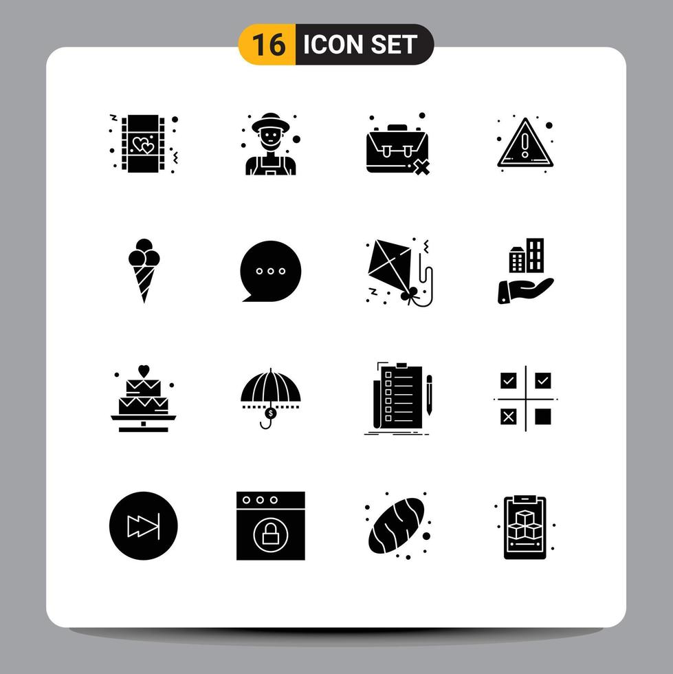 Group of 16 Modern Solid Glyphs Set for ice cream warning idleness attention unemployment Editable Vector Design Elements