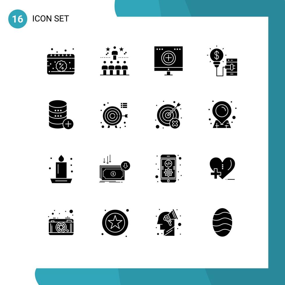 Set of 16 Commercial Solid Glyphs pack for technology idea bright creative medicine Editable Vector Design Elements