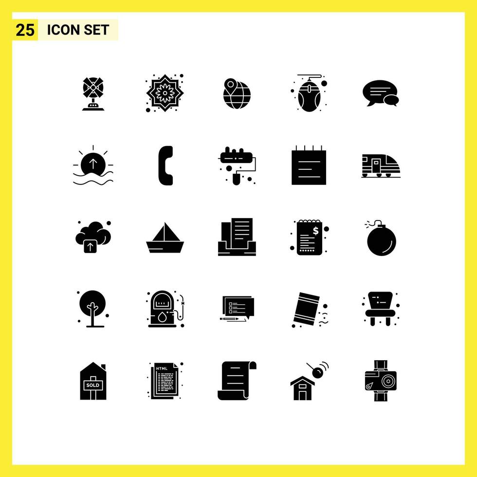 Pack of 25 Modern Solid Glyphs Signs and Symbols for Web Print Media such as communication technology location mouse computer Editable Vector Design Elements