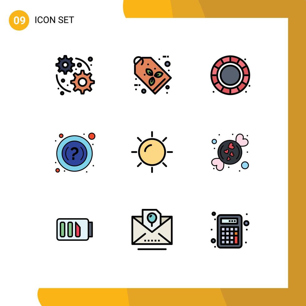 Group of 9 Modern Filledline Flat Colors Set for love sun creative shinning support Editable Vector Design Elements