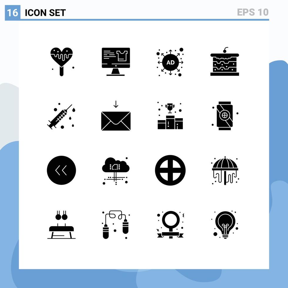 Pack of 16 creative Solid Glyphs of mail medical marketing health cake Editable Vector Design Elements