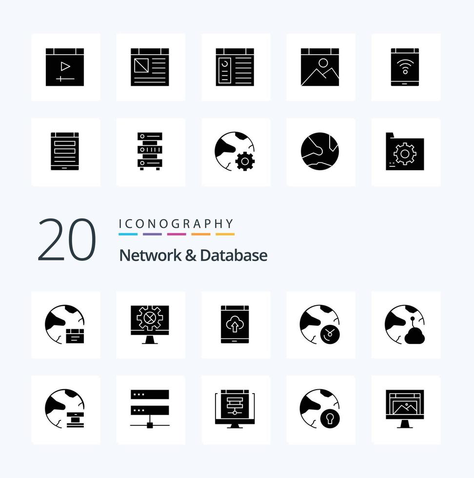 20 Network And Database Solid Glyph icon Pack like information analysis setting upload smartphone vector