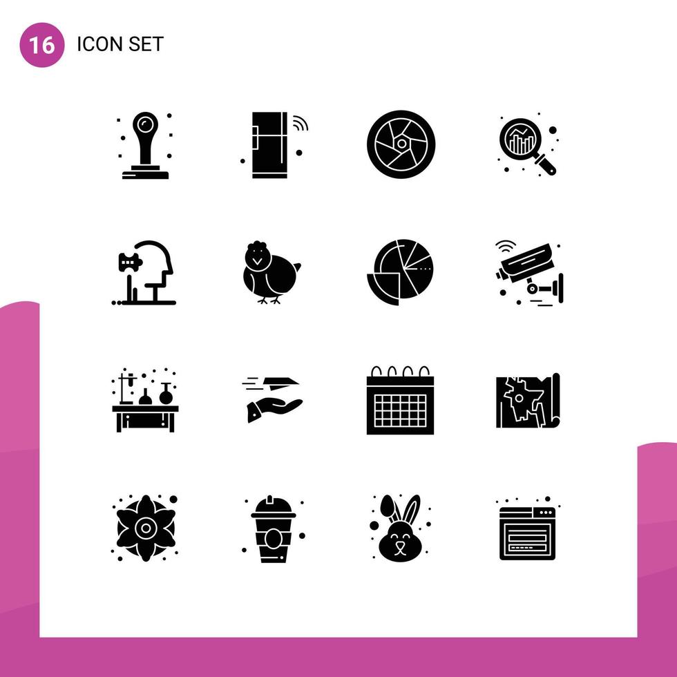 Pictogram Set of 16 Simple Solid Glyphs of psychology graph cinema search analysis Editable Vector Design Elements